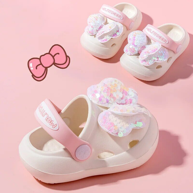 Летние новые детские тапочки, Симпатичные дышащие сандалии с дырками и блестками для девочек