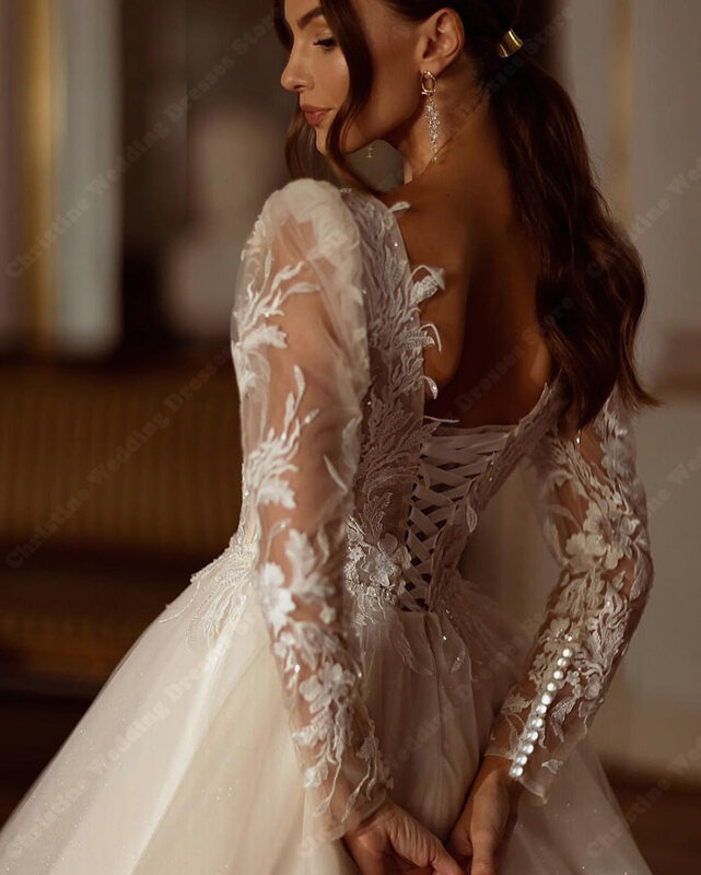 Gaun pernikahan Applique renda lengan penuh gaun pengantin A-line elegan gaun pengantin buatan khusus kereta kecil renda