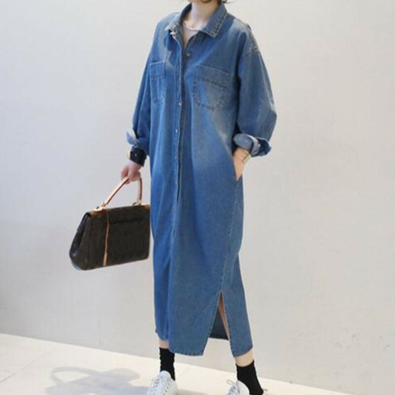2023 New Spring Denim Dress abbigliamento donna camicia a maniche lunghe allentata abito donna Vintage monopetto Maxi abiti in Denim