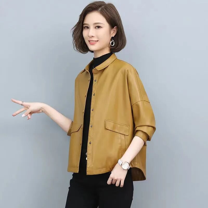 2023 Spring Autumn Women Short Loose Coat Korean Version PU Leather Clothes Office Lady Jackets for Women Faux Fur Casual Coat