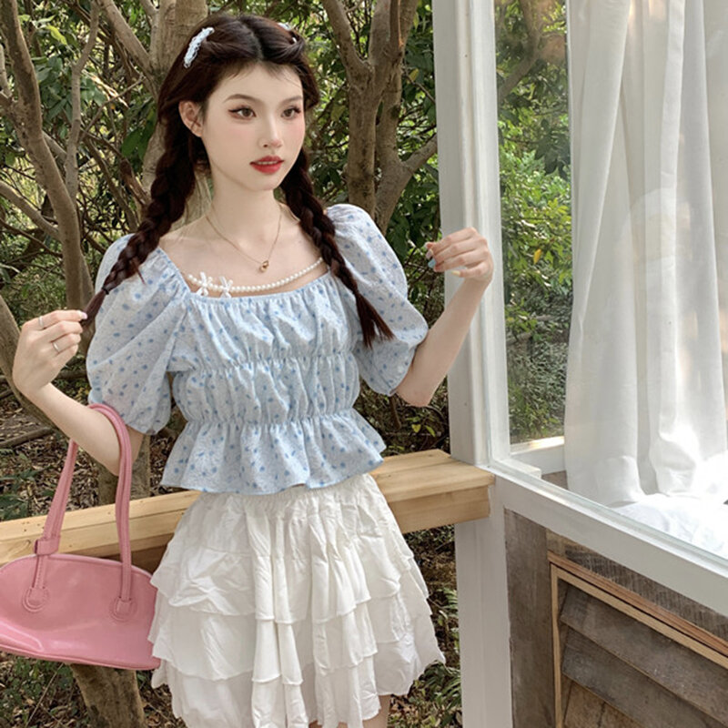 قميص المرأة ساحة الرقبة النسخة الكورية زهرة طباعة قمصان قصيرة الأكمام