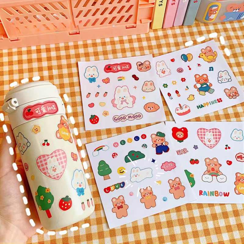 INS Style Cute Hand Ledger Sticker Sweet Tea Bear Hand Ledger Material Japanese Cartoon Water Cup Decoration Small Sticker