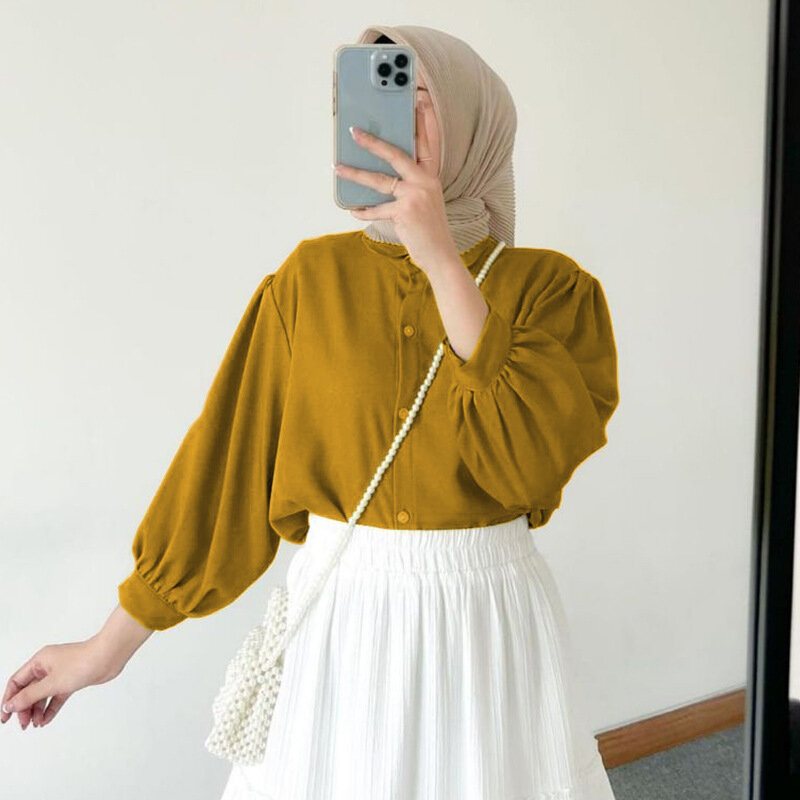 Women Eid Muslim Tops O Neck Single Breasted Blouses Dubai Malaysian Solid Casual Loose Fit Button Slight Strech Pullover