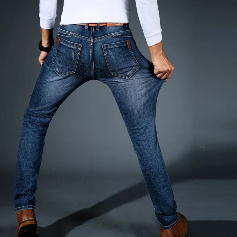 Celana panjang Denim mewah untuk pria, celana panjang Denim elastis gaya Eropa, celana Jeans mewah ramping lurus biru dalam, celana panjang ukuran 28-40 untuk pria