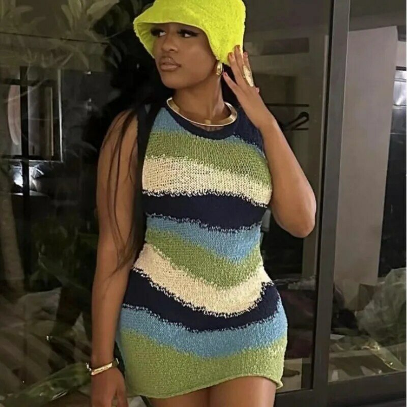 Color Patchwork Knitted Bodycon Mini Dress Women Summer O-neck Sleeveless High Stretch Casual Streetwear Fashion Vestidos