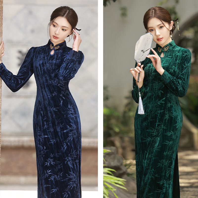 Women Velour Slim Fit Qipao Vintage Elegant Long Sleeve Velvet Cheongsam Autumn Winter New Style Chinese Traditional Dresses