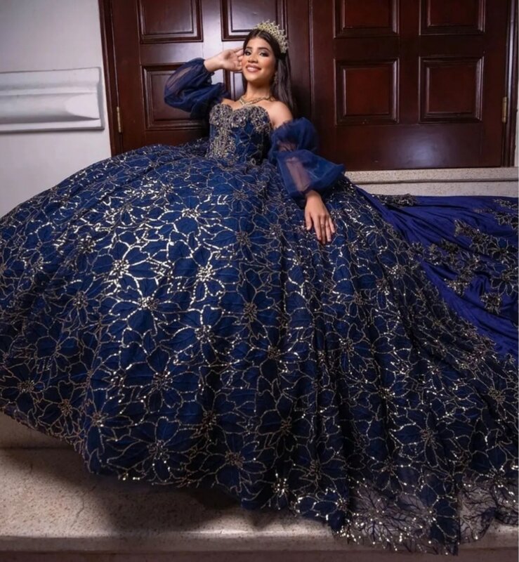 Granatowa księżniczka Quinceanera sukienka balowa ukochana koronka z koralikami słodkie 16 sukienek 15 Años meksykańskie