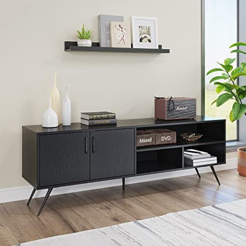 TV Stand Television Console Unit Cabinets with 3 Open Cubby and 2 Doors for Living Room Bedroom