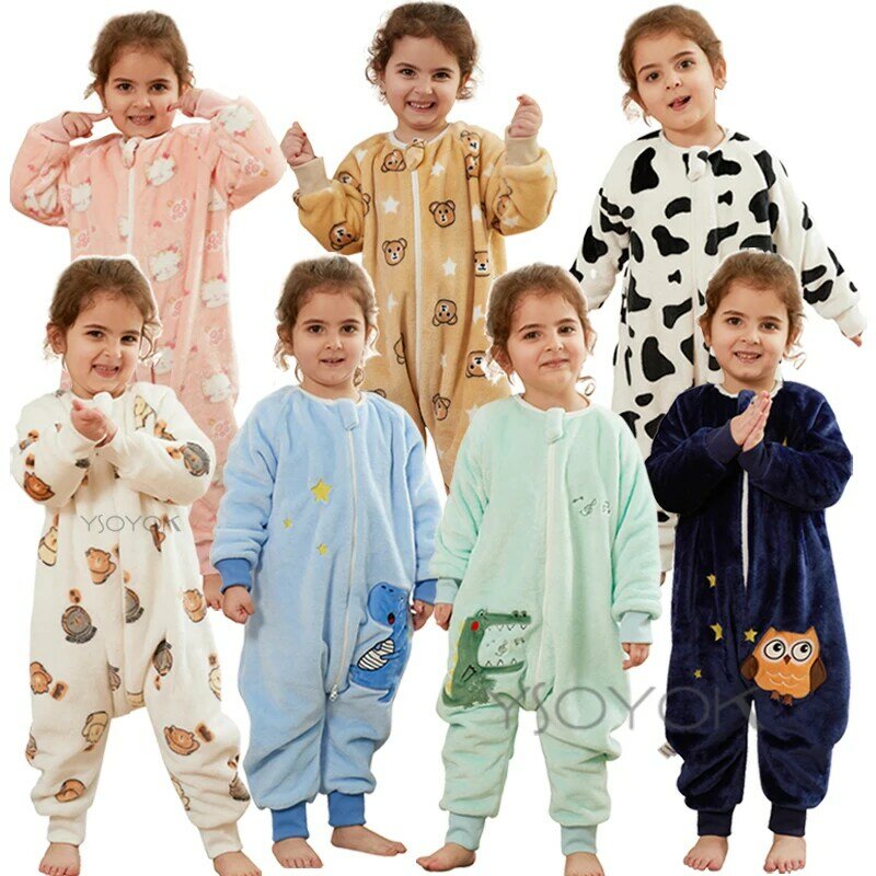 1 to 6 Years Winter Flannel Childrens Pajamas Sleeping Bags Rompers for Boys and Girls One-piece Suits for Home Wear
