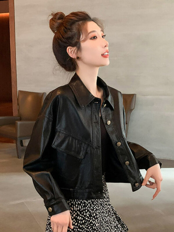 High street coreano biker jaqueta de couro das mulheres 2022 outono vintage solto botão cortado jaqueta senhora fina moda chique topo inverno