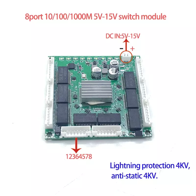 Mini PCBA 8 Portas Networkmini Ethernet Switch Module, 10 Mbps, 100 Mbps, 1000Mbps, 5V-15V, Proteção contra raios, 4KV, Anti-Static, 4KV