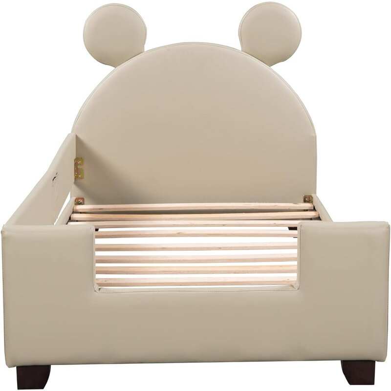 إطار سرير خشبي للأطفال مع لوح رأس أذن ماوس ، سرير مزدوج ، منصة منخفضة ، صندوق زنبركي ، لا حاجة