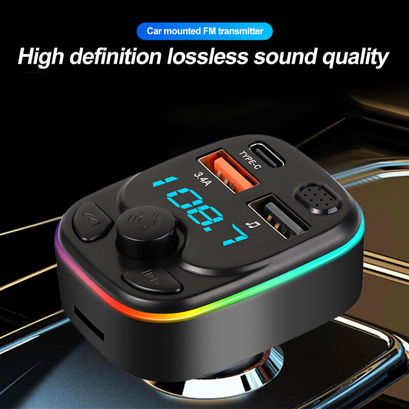 Transmisor FM con Bluetooth 5,0 para coche, USB Dual tipo C, Cargador rápido de 3,4a, luz LED retroiluminada, reproductor MP3, música sin pérdidas