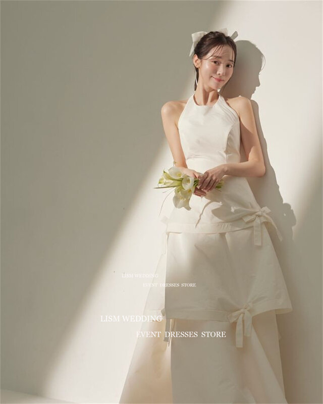 LISM-O Neck A Line Vestido De Noiva Sem Mangas, Vestidos De Casamento Da Coréia, Laço Fitas, Vestido De Noiva Elegante, Fotos Tiro, Robe Sem Costas