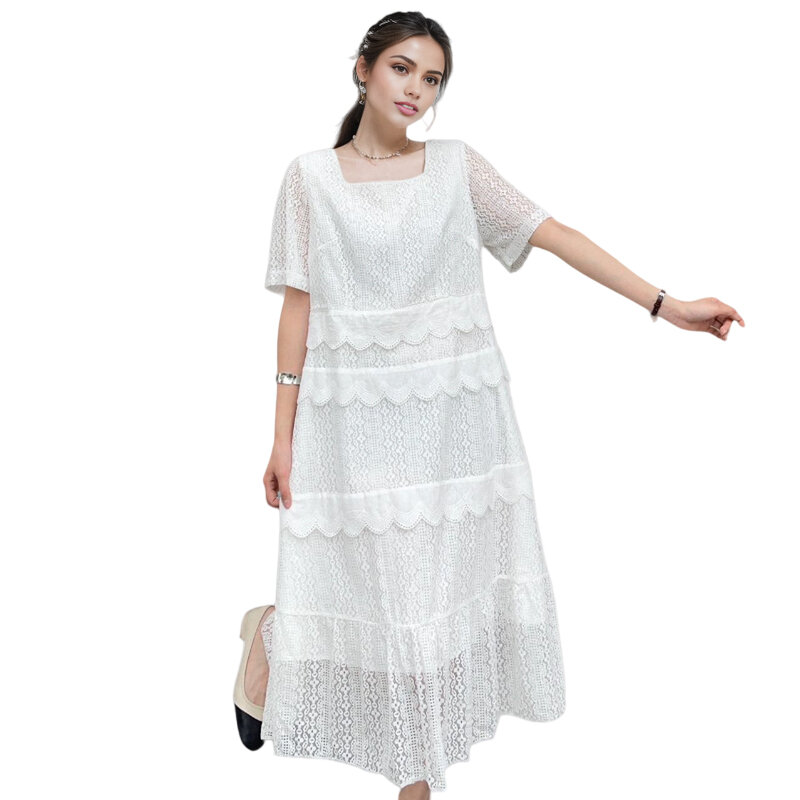 Plus-size women's summer casual dress Polyester fabric Layered lace hollow fabric comfortable breathable commuter dress