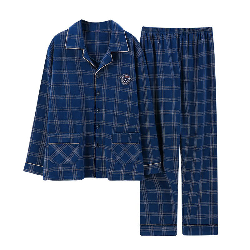 Nowa wiosenna i jesienna męska piżama z czystej bawełny styl w kratę proste męskie piżamy spodnie z długim rękawem