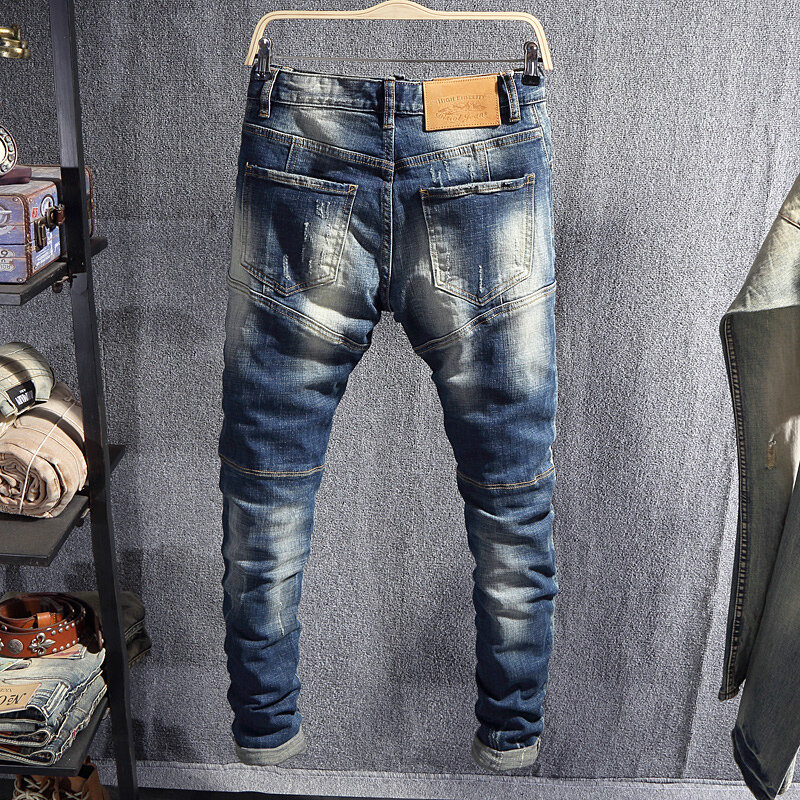 Pantalones vaqueros rasgados elásticos para Hombre, Jeans Retro de diseñador de moda urbana, azul, con bolsillo de camuflaje, Hip Hop, para motorista