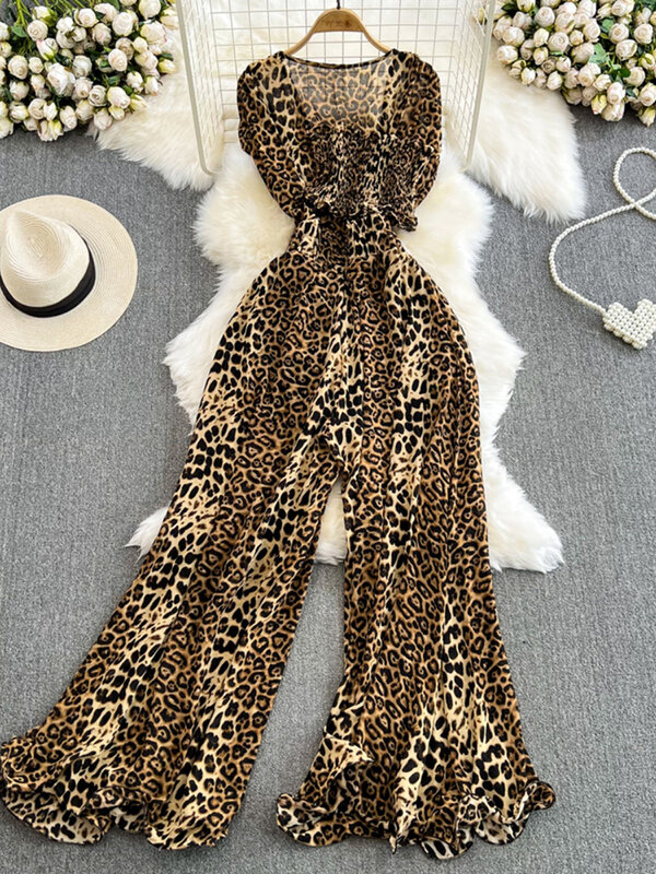 MooQ-Combinaison léopard pour femme, col en V, fermeture éclair, taille haute, vêtements d'été, mode, nouveau, 2024, 27C449