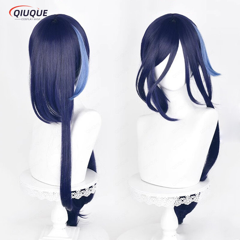 Парик для косплея из аниме «Фонтейн», термостойкий длинный прямой синий смешанный парик из синтетических волос, с шапочкой