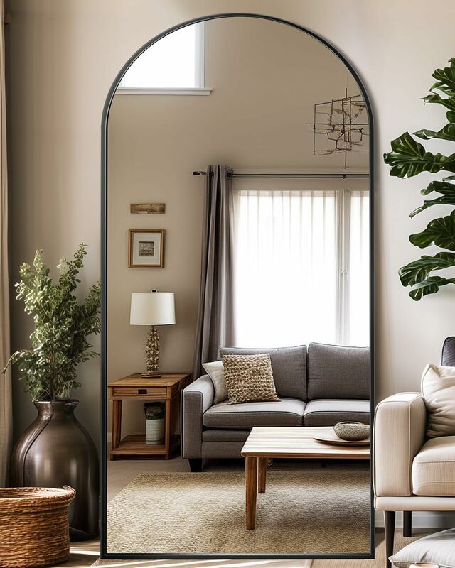 Full Length Arched Floor Standing Mirror with Shatterproof Glass and Adjustable Bracket Elegant Design Bedroom and Closet Use