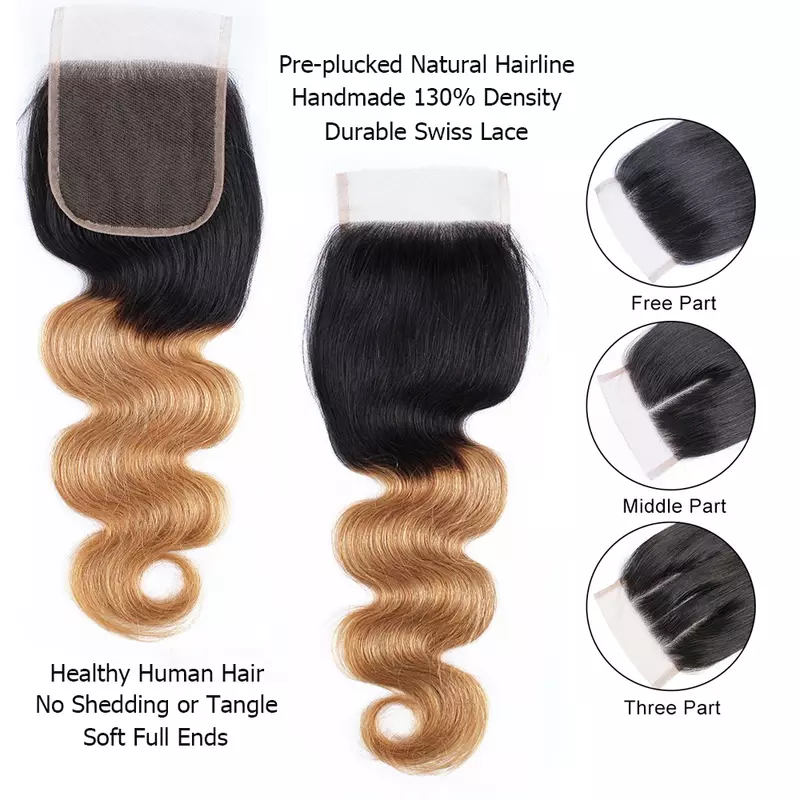 4x4 Lace Closure Body Wave Natural Color Dark Brown Highlight Honey Blonde Burgundy Indian Remy Human Hair Bobbi Collection