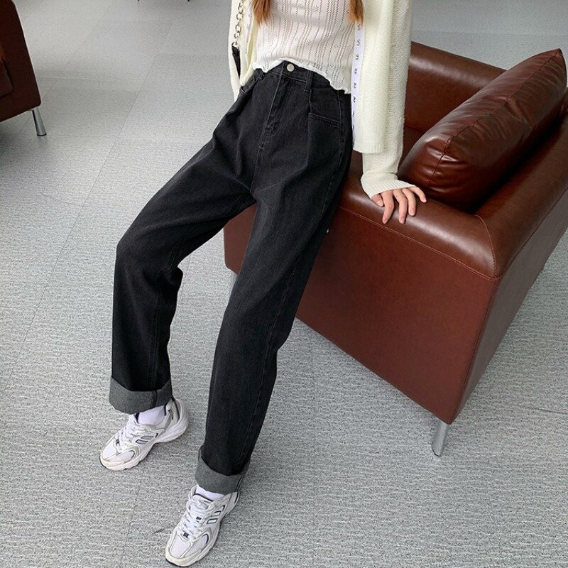 Celana Jeans Lurus kaki lebar Vintage wanita, celana Denim ukuran besar pinggang tinggi warna hitam, celana panjang kasual gaya Korea musim semi baru 2023