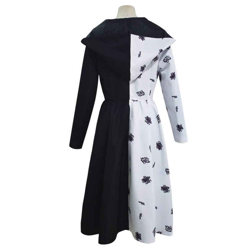 Cruella De Vil Cosplay Costume Women Gown Black White Maid Dress with Gloves Hoodie Skirt Wigs Outfits Halloween Party
