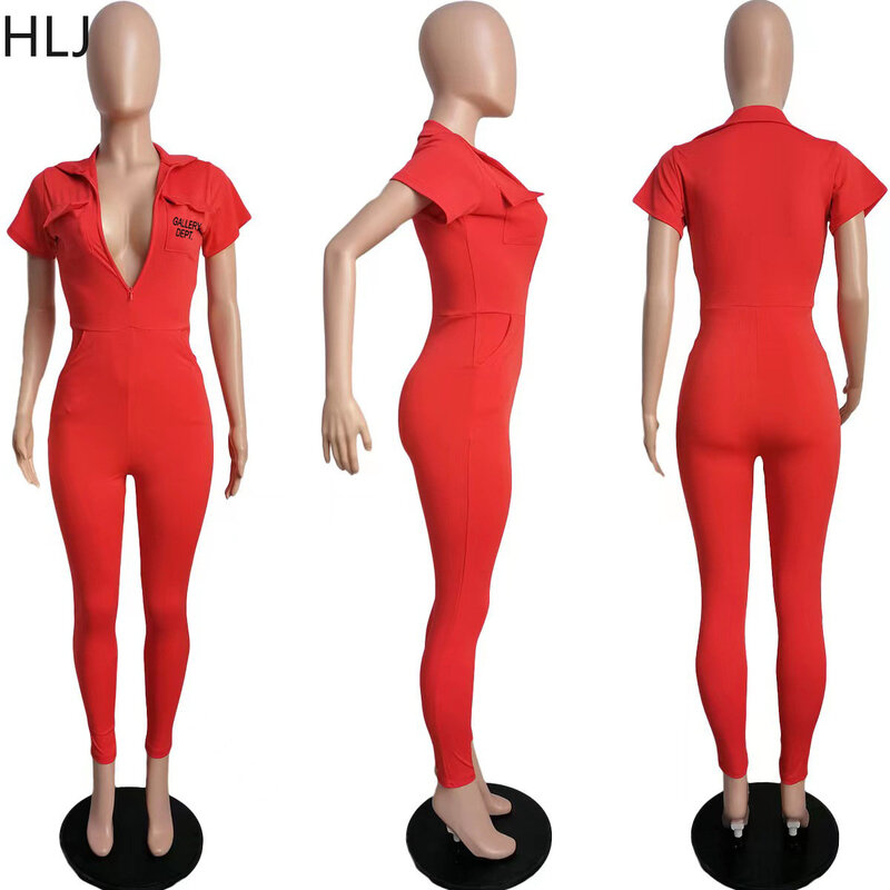 HLJ Sexy Bodycon Letter Printing Jumpsuits Women Turndown Collar Short Sleeve Slim Playsuits Casual Pocket Skinny Pants Rompers