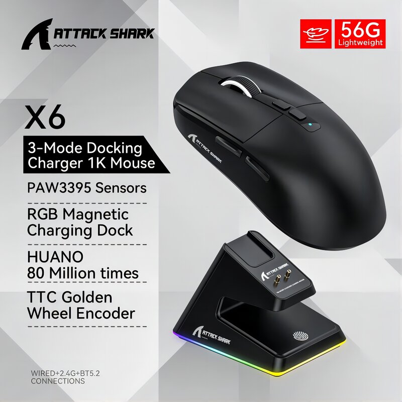 Attack Shark X6 PAW3395 Mouse Bluetooth, connessione Tri-Mode, Base di ricarica magnetica Touch RGB, Mouse da gioco Macro