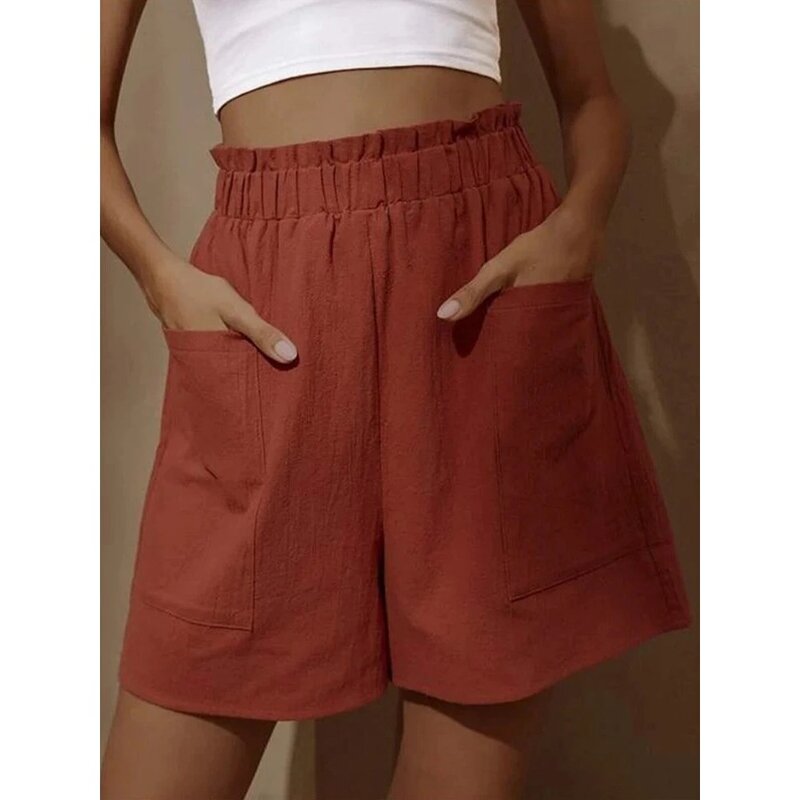 Shorts casuais soltos de tamanho grande para mulheres, calças largas de cintura alta, cor sólida, verão, novo
