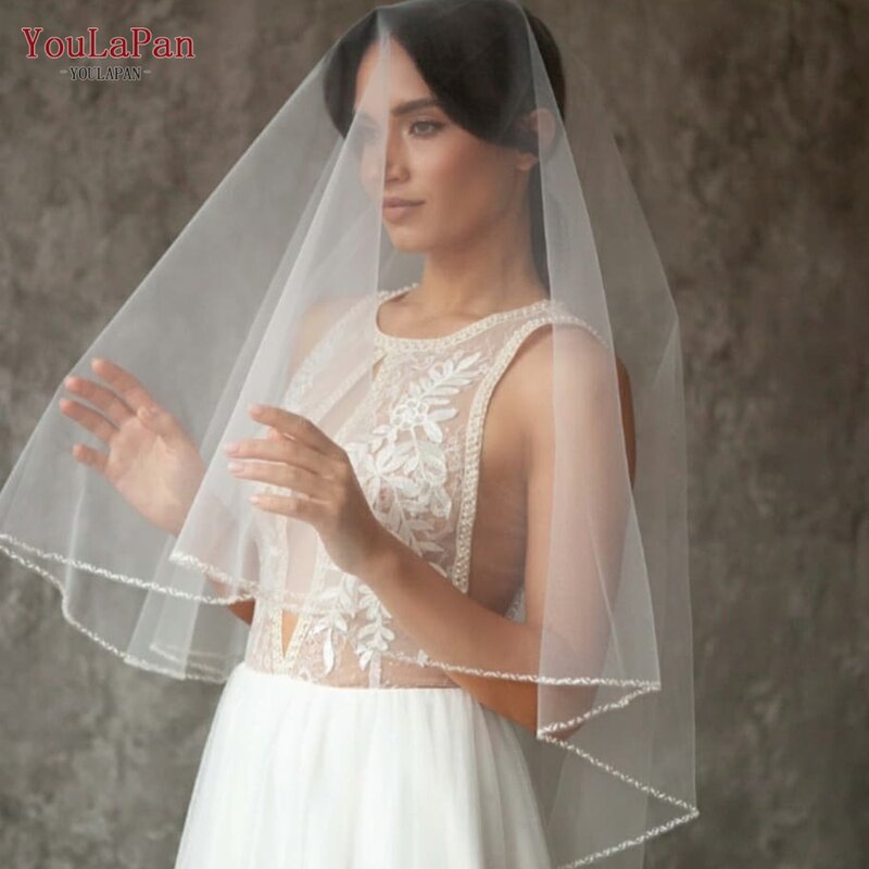 Youlapan V121 Beaded Crystal Edge Fingertip Length Wedding Veil 2 Layers Bridal Veils Cover Front and Back Royal Sequins Luxury