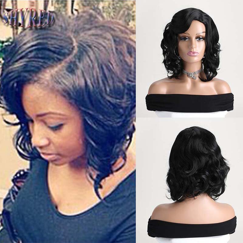Wig hitam keriting pendek untuk wanita rambut palsu bergelombang sintetis Wig pesta Cosplay sejuk