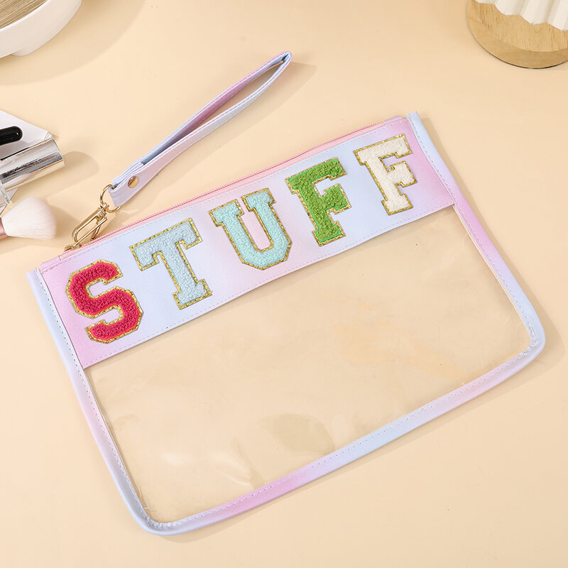 Zhuangshijie 투명 PE 화장품 보관 가방, 여아용 다채로운 셔닐 레터 패치, 간식 지퍼 파우치