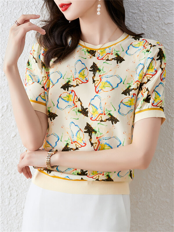 Женские летние стильные шелковые свободные блузы с коротким рукавом и круглым вырезом ZZ1257