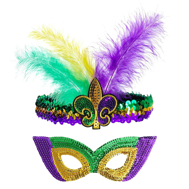 Damen Pailletten Stirnband Maskerade bunten Tüll Rock Perlen Halskette Karneval Kostüm Set 6St