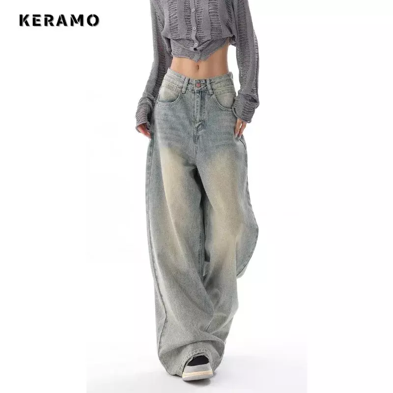 Jeans reto azul claro de cintura alta feminino, calças largas, calças jeans largas, estilo de rua alta, coreano vintage, casual, Y2K