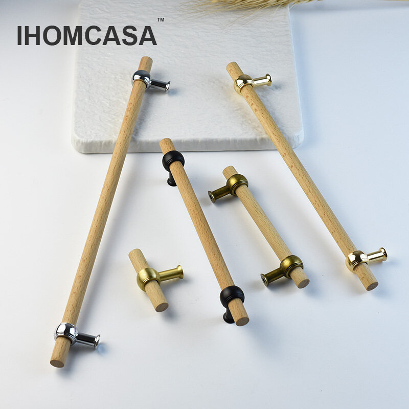 Деревянные ручки IHOMCASA для шкафа из ореха/бука, дверные ручки для кухни, золотые/черные ручки для шкафов комода