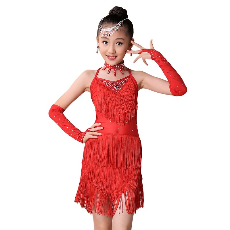 Vestido de dança latina lantejoulas com borla para meninas, roupa de dança Cha Cha Salsa e Tango, traje de palco infantil