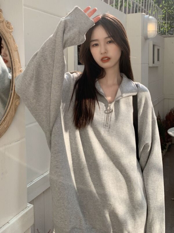Deeptown coreano moda cinza oversized sweatshirts mulheres harajuku zip up hoodie vintage solto casual gola polo pulôver