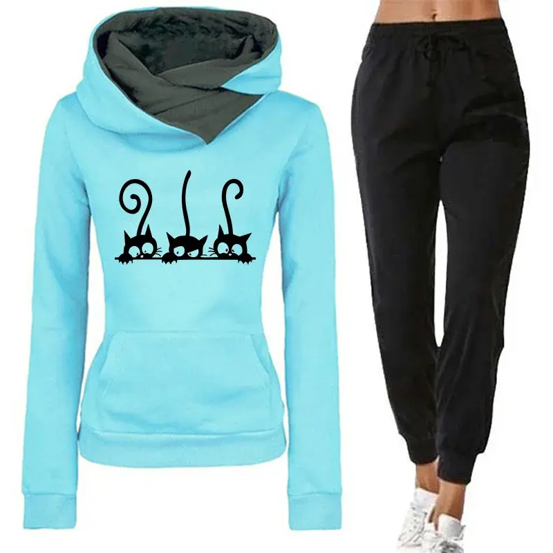 Spring Autumn Women's Cute Cat Hooded Outfits Hoodies and Jogger Pants High Quality Ladies Daily Casual Sports Jogging Suit