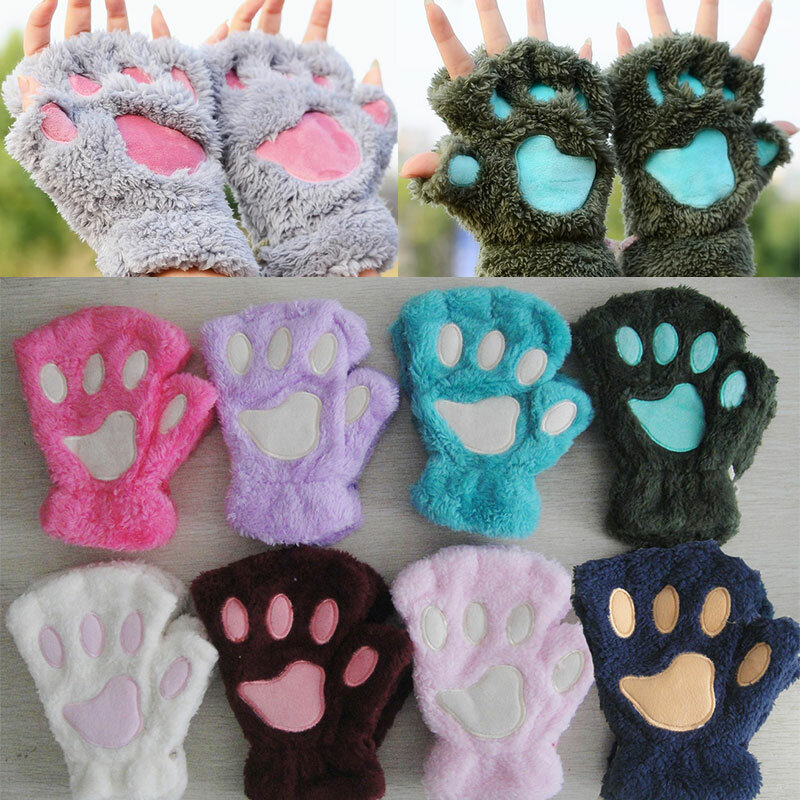 Gants de patte de griffe de chat de dessin animé pour femmes, demi-doigt en peluche, chaud, isotSoft, court, sans doigts, moelleux, ours, costume de chat