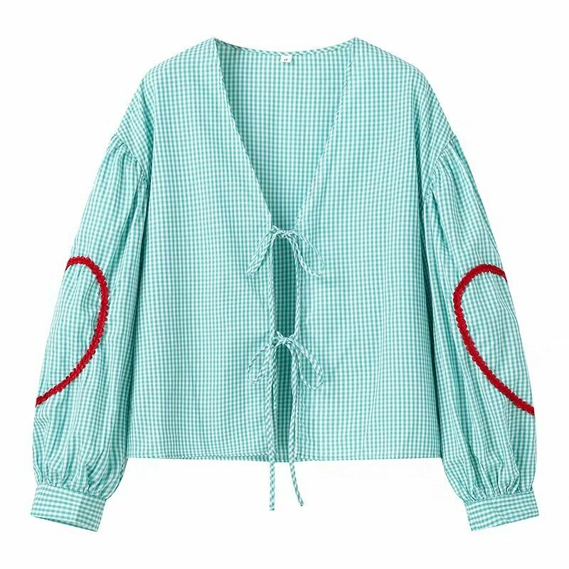 한국 러브 빈티지 V넥 셔츠, 여성 블라우스, 2024 여름 신상 패션, 캐주얼 격자 무늬, 레이스업 블라우스