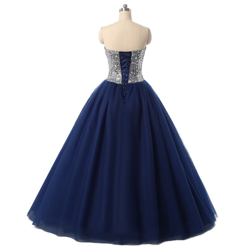 Granatowe niebieskie sukienki Quinceanera suknia Sweetheart Tulle cekiny kryształy meksykańskie słodkie 16 sukienki 15 Anos