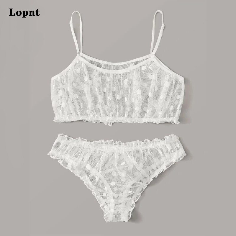 LOPNT New Sexy lingerie Erotic Underwear Polka Dot Mesh Frill Trim Lace Lingerie Set Top Lace Invisible Bra Set Bras For Women