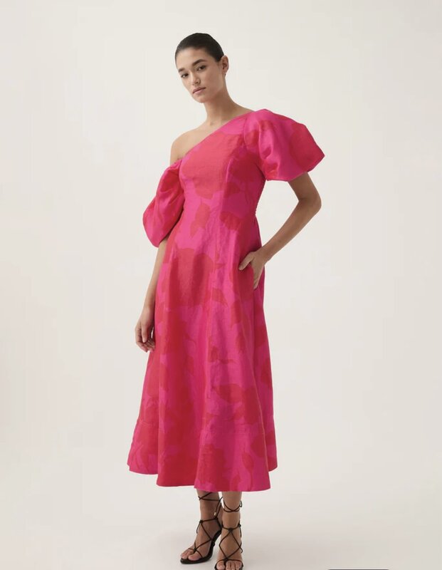 Women's fashion trend diagonal collar lantern sleeve rose printed silk linen long skirt