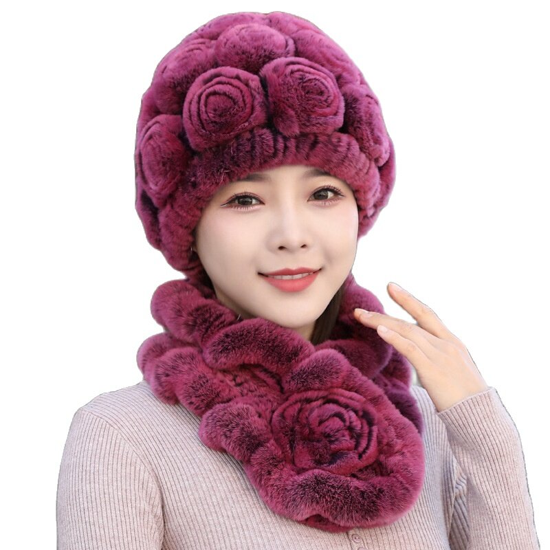 Topi Bulu Musim Dingin Wanita Baru Penjualan Laris Set Syal Topi Bulu Kelinci Rex Asli Hangat Alami Syal Wanita Rajutan Topi Bulu Asli Selendang