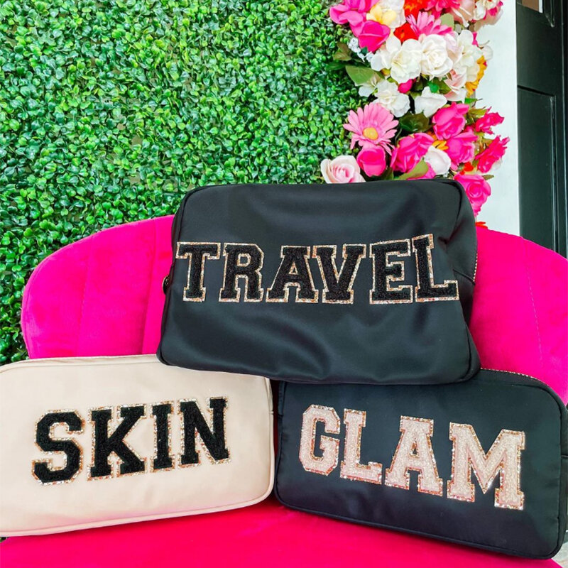 Stock Wholesale Multi Colors Waterproof Nylon Pouch Cosmetic Bag Women Letters Patch DIY Makeup Bag Teens large toiletry bag