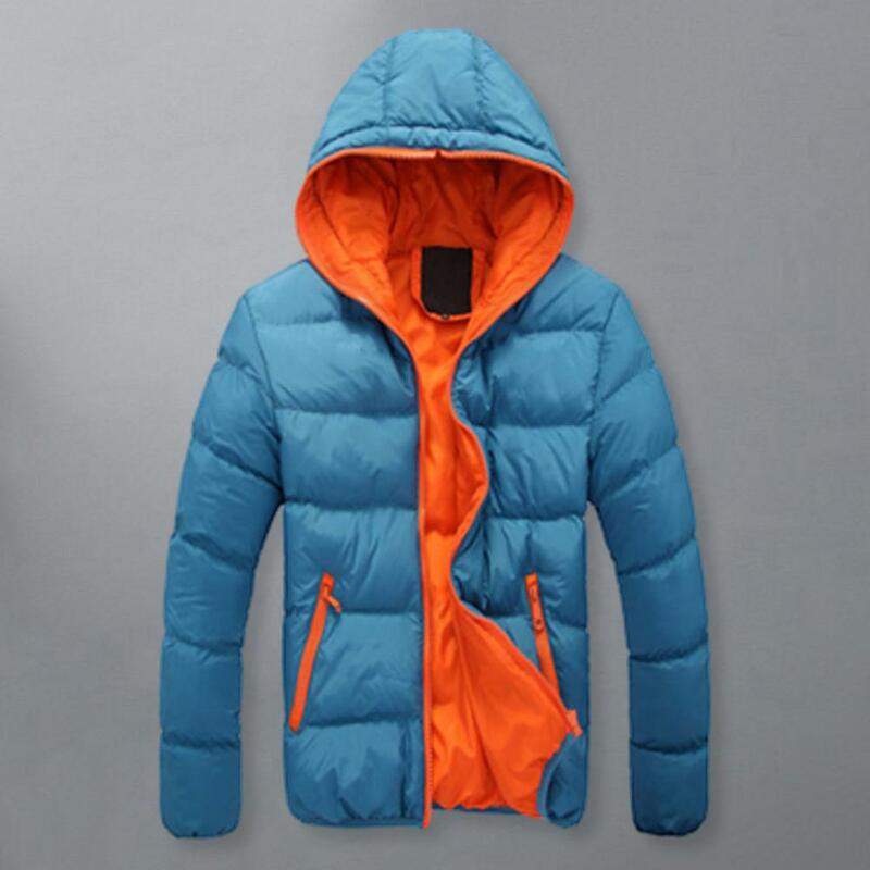 남성용 겨울 대비 색상 패딩 재킷, 후드 드로스트링, 긴팔 면 재킷, 지퍼 플래킷, 슬림하고 두꺼운 따뜻한 코트