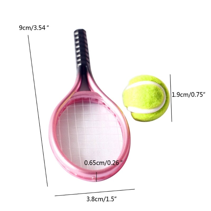 Laleczka bobas zestaw modeli tenisowy Mini sprzęt sportowy zestaw do miniaturowy Model na zewnątrz obejmuje 1x rakietę tenisową 1x