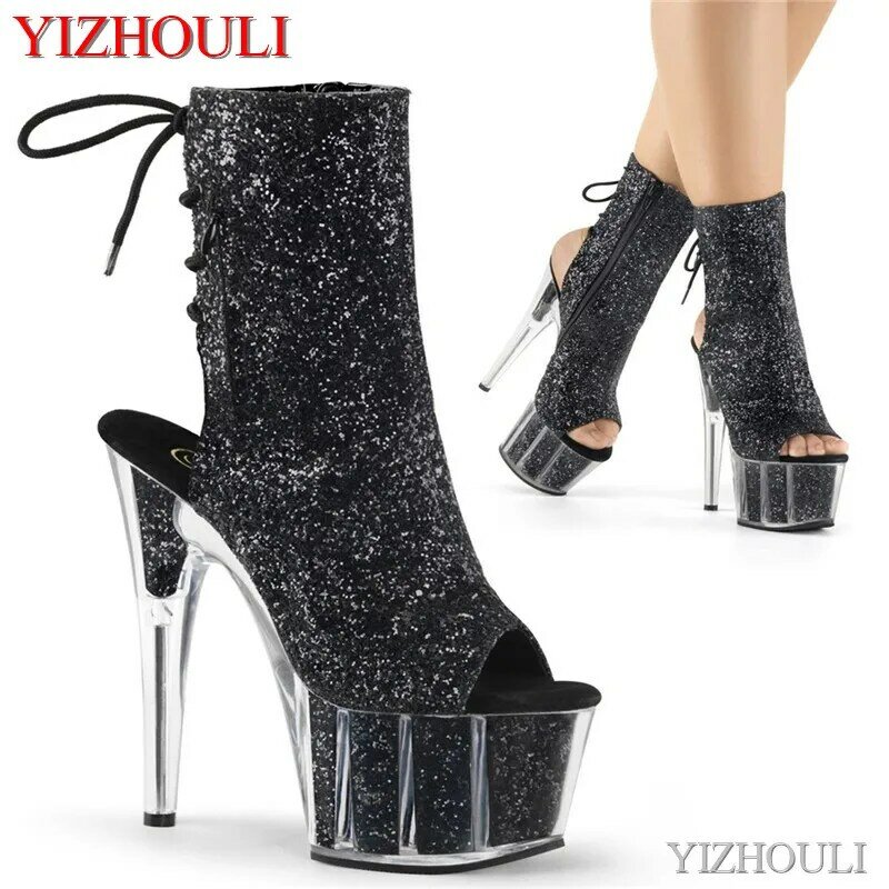 17cm banquet stage ankle boots transparent platform 7 inch stiletto heels, sequined vamp nightclub pole dance shoes
